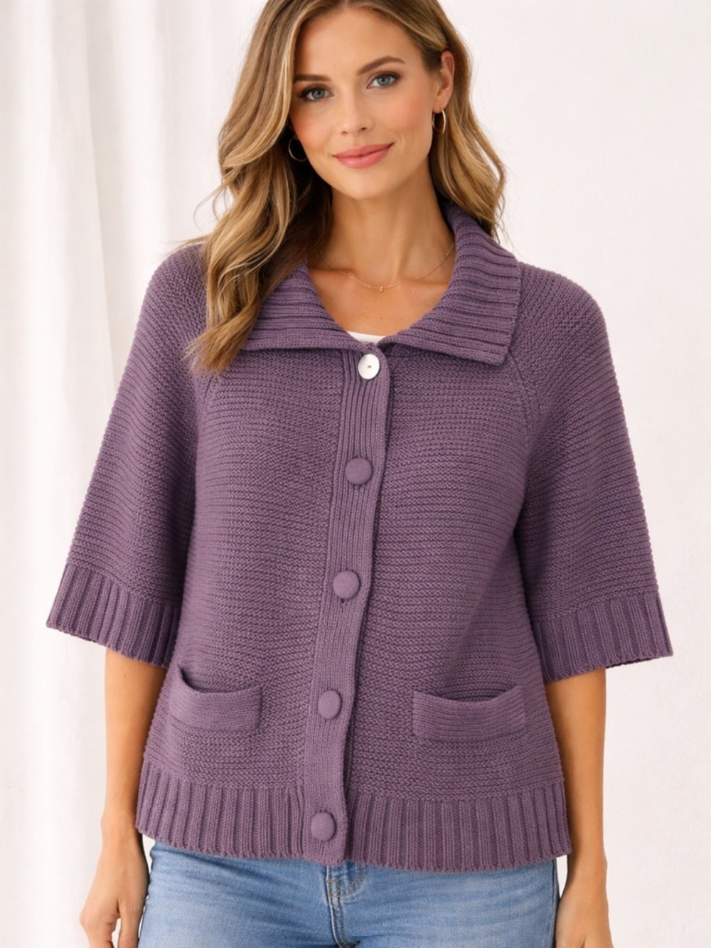 J. JILL Purple Boxy Fit 1/2 Sleeve Button Up Chunky Knit Cardigan L Cottagecore